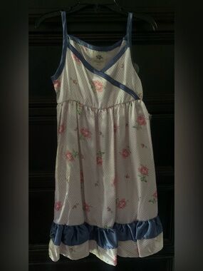 Laura Ashley White Floral Nightgown with Pink Roses and Blue Trim